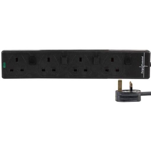 4 Gang Way 10m Metre 13A Mains Power Extension Socket Lead Cable Black Individually Switched