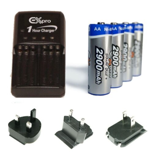 Ex-Pro Ultra Fast 1 Hour Battery Worldwide Travel Charger + 4 x AA 2900mAh Batteries