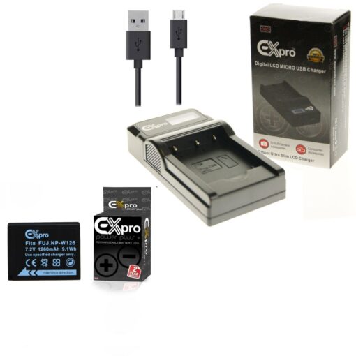 Ex-Pro© Fuji Finepix BC-W126 NP-W126 LCD Go-Charge USB Charger with 1 x Ex-Pro NP-W126 Battery [VALUE KIT]