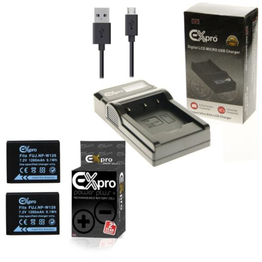 Ex-Pro© Fuji Finepix BC-W126 NP-W126 LCD Go-Charge USB Charger with 2 x Ex-Pro NP-W126 Battery [VALUE KIT]