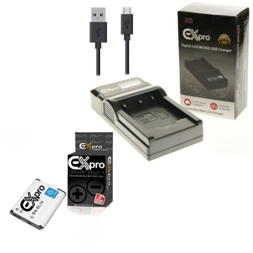 Ex-Pro© Nikon EN-EL19, ENEL19 MH-66, MH66 LCD Go-Charge USB Charger with 1 x Ex-Pro EN-EL19 Battery [VALUE KIT]