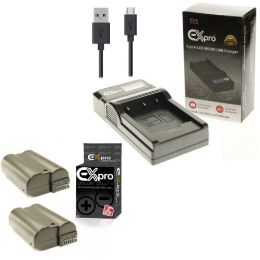 Ex-Pro© Nikon EN-EL15, ENEL15 MH-25, MH25 LCD Go-Charge USB Charger with 2 x Ex-Pro EN-EL15 Elite 2200mAh Battery [VALUE KIT]