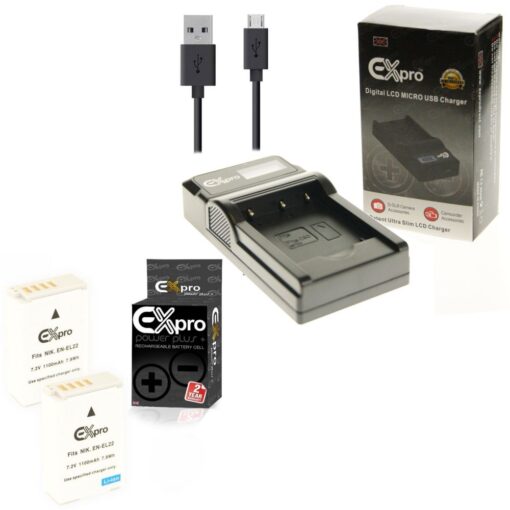 Ex-Pro© Nikon EN-EL22, ENEL22 MH-29, MH29 LCD Go-Charge USB Charger with 2 x Ex-Pro EN-EL22 Battery [VALUE KIT] for Nikon 1 J4, 1...