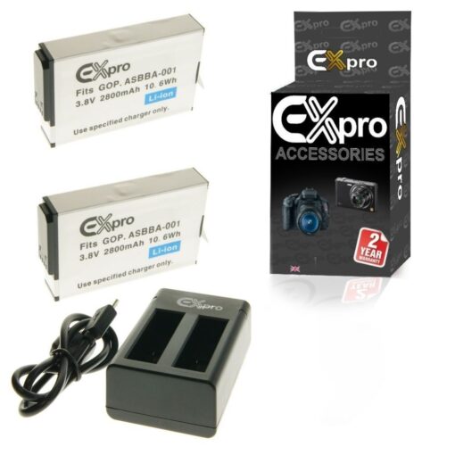 Ex-Pro GoPro ASBBA-001, Ultra High Capacity 2800mAh Lithium Li-on Battery 2 Pack & Twin USB Charger