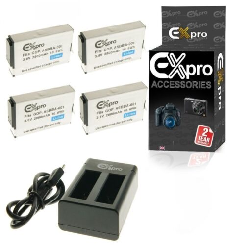 Ex-Pro GoPro ASBBA-001, Ultra High Capacity 2800mAh Lithium Li-on Battery 4 Pack & Twin USB Charger