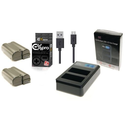 Ex-Pro© Nikon EN-EL15, ENEL15 MH-25, MH25 LCD DUAL Go-Charge USB Charger with 2 x Ex-Pro EN-EL15 Elite 2200mAh Battery [VALUE KIT]