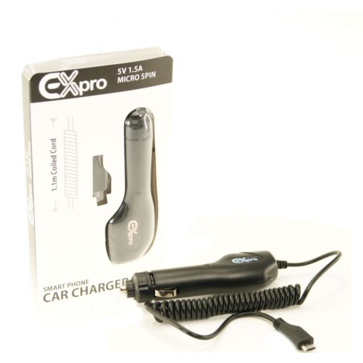 Ex-Pro® In-Car Micro USB Power Charger 5v 1.5A with Coiled Cable