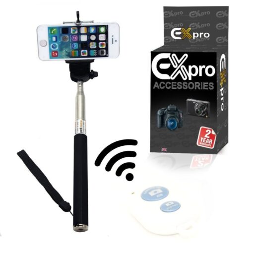 Ex-Pro® Extendable Self Portrait Selfie Handheld Stick Monopod With Smartphone Adajustable Holder & Black Remote - Black