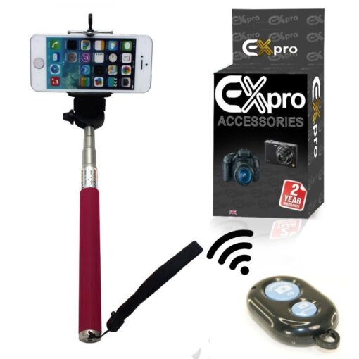 Ex-Pro® Extendable Self Portrait Selfie Handheld Stick Monopod With Smartphone Adajustable Holder & White Remote - Pink
