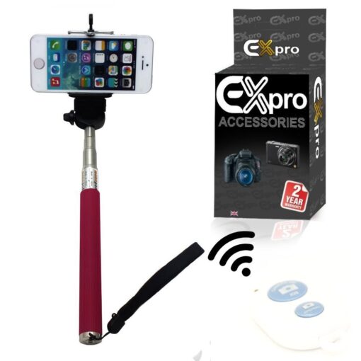 Ex-Pro® Extendable Self Portrait Selfie Handheld Stick Monopod With Smartphone Adajustable Holder & Black Remote - Pink