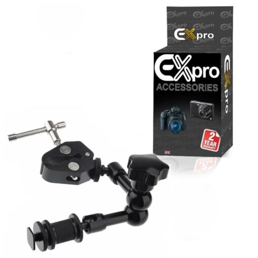 Ex-Pro® 7" Magic Friction Articulating Arm with Hot Shoe Mount & Camera Mount for DSLR Camera with Ex-Pro Super Clamp - Black