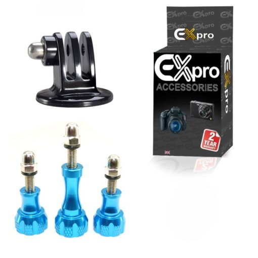 Ex-Pro® GoPro HD Hero3+ Hero3 Hero2 Tripod Mount Adapter with Camera Screw Set - CNC Aluminum Stainless Steel Bolt Nut Screw - Blu...