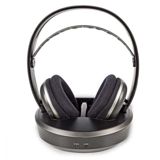 Wireless TV Headphones, 2.4GHz RF Digital Rechargeable Over-Ear Earphones, 100m Distance Transmitter Charging Dock, Grey