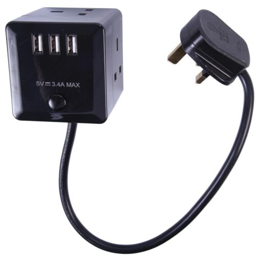 Power Cube Extension Lead with USB Slots 3 Way Miulti Plug Mains Sockets - Black- 1m Cable