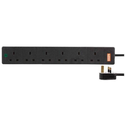 6 Gang Way 5m Metre 13A Mains Power Extension Socket Lead Cable Surge Protected Black