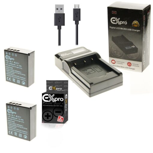 Ex-Pro© Olympus BCH-1 BLH-1 LCD Go-Charge USB Charger with2 x Ex-Pro© Olympus BLH-1 - 2450mAh Batteries [Part coded] for E-M1 Mark...