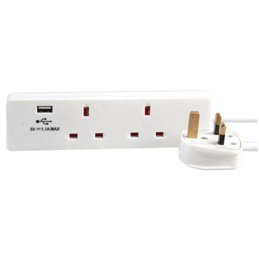 2 Gang Way Mains Extension Lead with USB Charge Port White - 1m