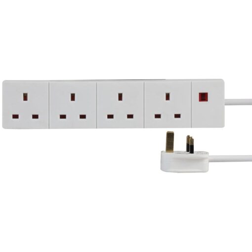 Ex-Pro 4 Way Gang Extension Power Strip White + Neon Power Indicator - 5m