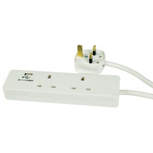 Mercury 2 Gang Way Mains Power Extension Lead Cable with 1 x 1.1A USB Port 2m