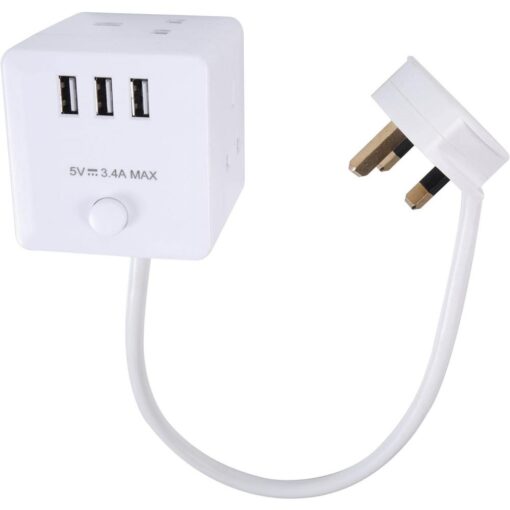 Power Cube Extension Lead with USB Slots 3 Way Miulti Plug Mains Sockets - White - 50cm Cable